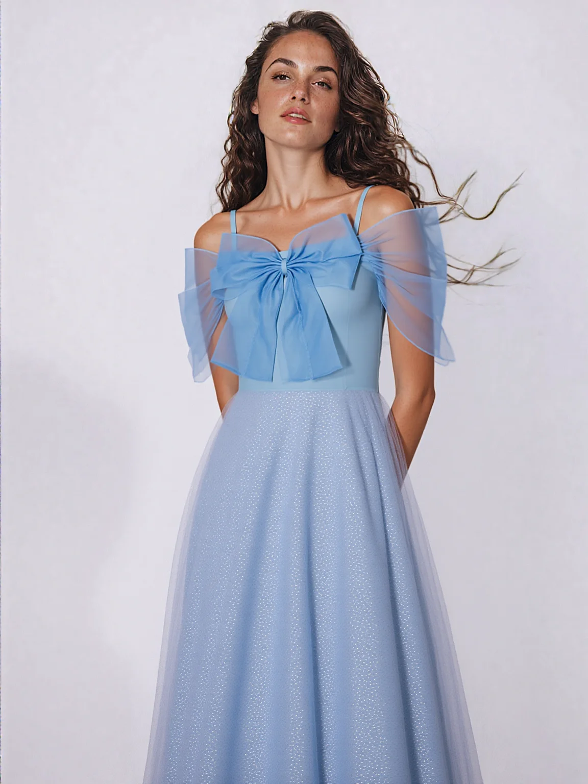 

Teenage Girl Thin Shoulder Strap Mesh Splicing Print Elegant And Gorgeous Chest Big Bow Birthday Performance Host Dress