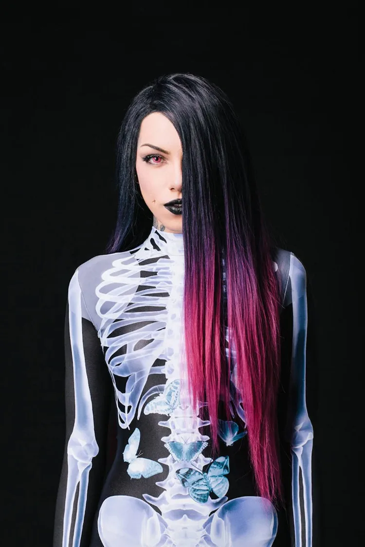 ชุดคอสเพลย์ฮาโลวีนบอดี้สูทแขนยาว Skeleton 3D พิมพ์ Zentai Bodysuit ตลกเทศกาล Party Bodysuit Carnival ผู้หญิง