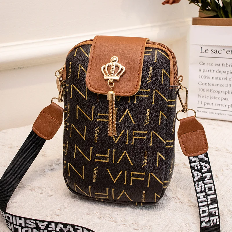 

2025 Trendy Ladies Bags Fashion Casual Tassel Decor Letter Strap Printed Crossbody Phone Bag