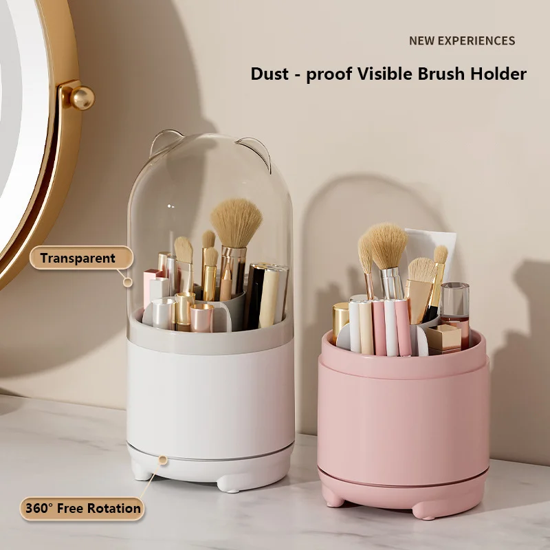 

360° Rotating Makeup Brush Organizer - Dustproof Cosmetics Storage Box for Brushes, Eyeliners & Eyebrow Pencils