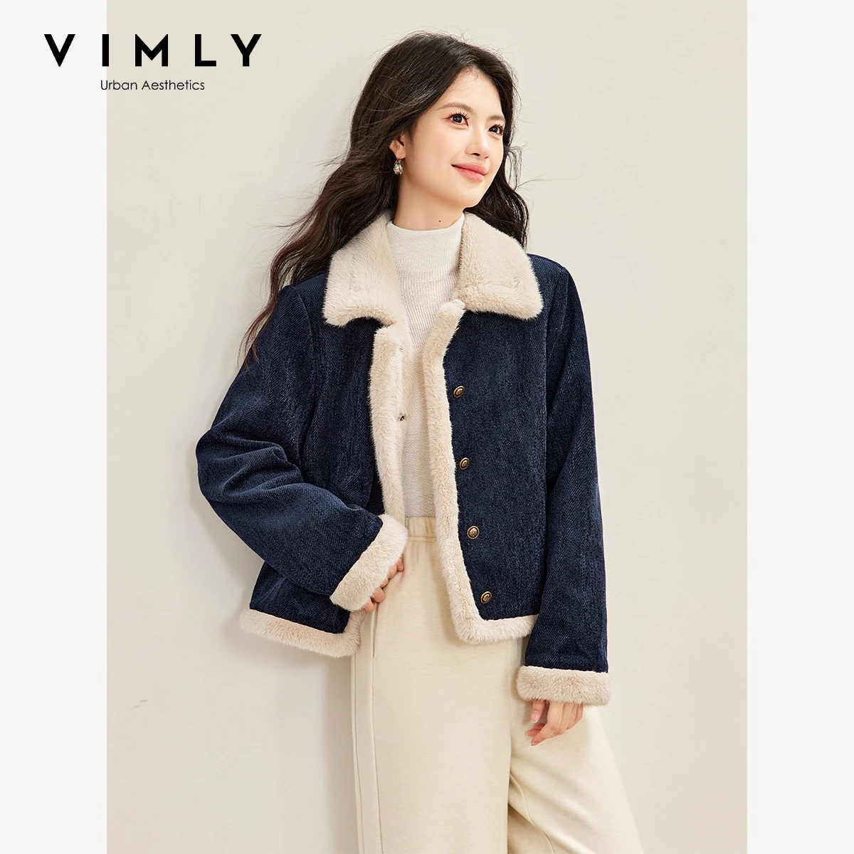 VIMLY Short Coat Women 2026 Winter Dark Blue Color Block Furry Fleece Lined Thick Jacket Casual Versatile Outwear Female A7701