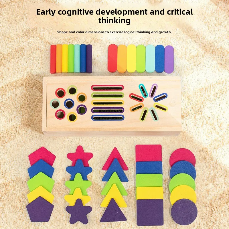 Montessori Wooden Shape Color Sorting Stacking Blocks Matching Puzzle Early Educational Sensory Toy Gift for Toddlers Kids 0-3Y