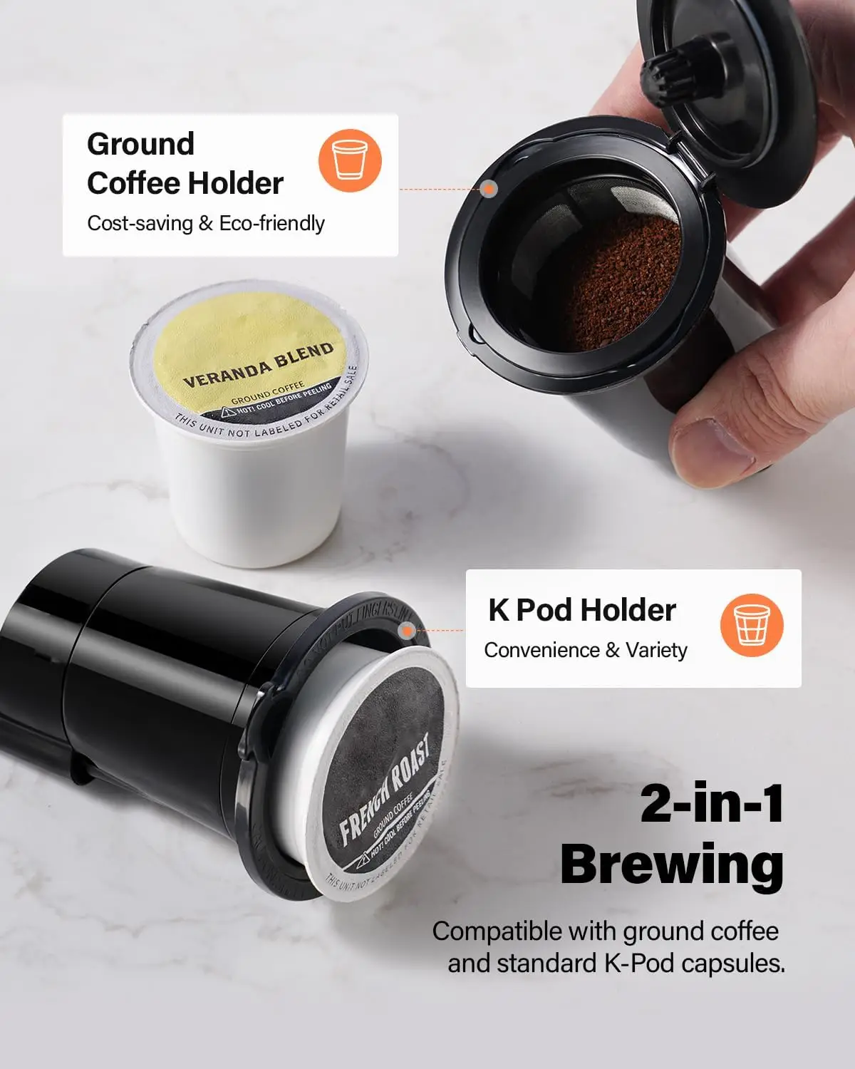 ماكينة صنع القهوة الساخنة والمثلجة، ماكينة صنع القهوة K Cup، متوافقة مع أكواب K والقهوة المطحونة، ماكينة صنع القهوة ذات الخدمة الفردية مع مجموعة جريئة