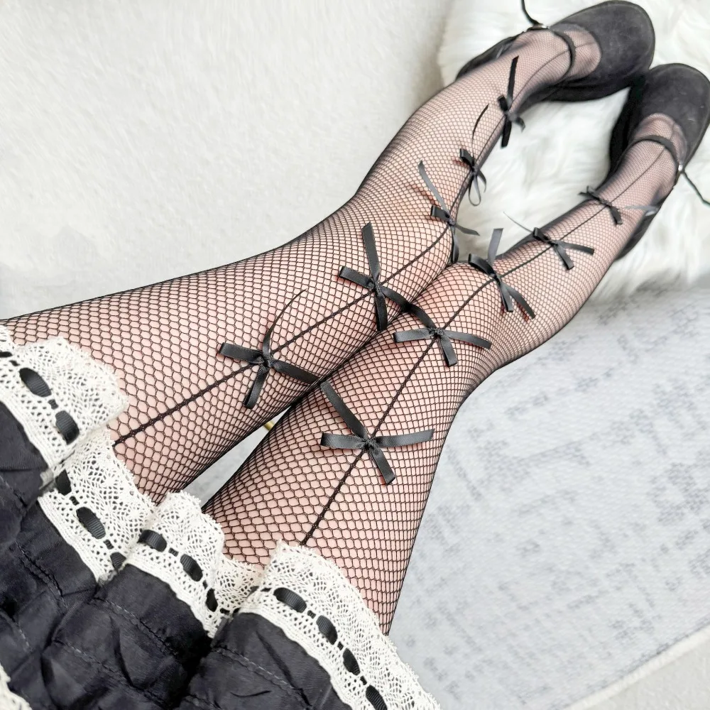 Lolita Tween Girls Pantyhose Sweet White Ballet Vertical Line Tights Nylon Elasticity Fishnet Silm Fit Bows Stockings for 9-12Y