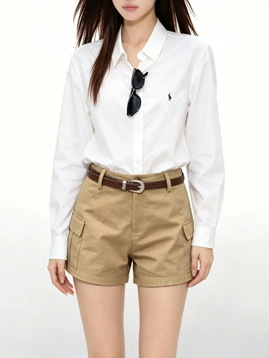 plus Size Women's Khaki Workwear Shorts Casual High Waist Multi-Pocket Retro Style Slimming Versatile Autumn Season Trousers