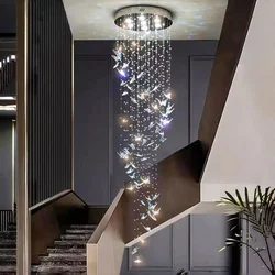 Hotel Lobby Attic Butterfly Crystal Multi-Head Long Chandelier K9 Crystal Staircase Pendant Light Living Room Decor Lighting