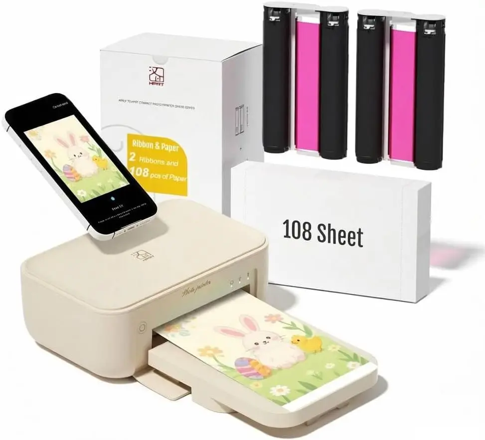 

Фотопринтер 4x6 с Wi-Fi, 108 листами бумаги и 2 рулонами ленты для iPhone и смартфонов, для домашнего использования, бежевый