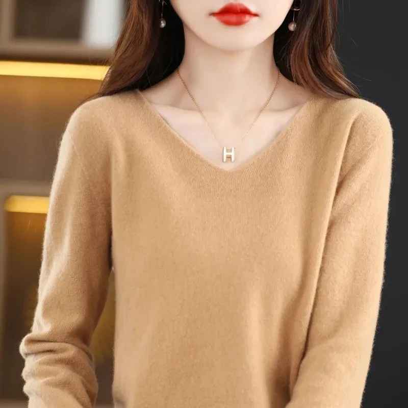 

Women V-Neck Slim Bottoming Sweater Long Sleeve Knit Warm Casual Pullovers Office Sweater For Women 2024 Autumn Winter