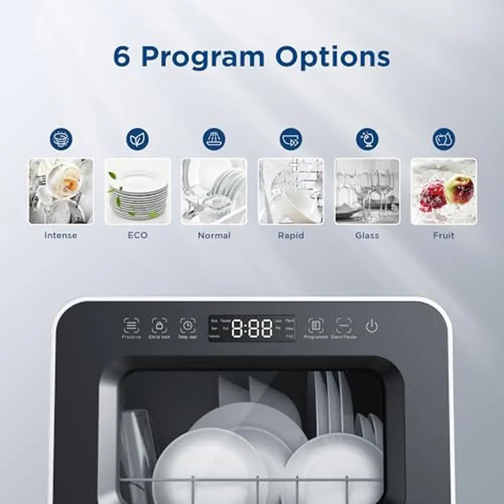 Portable Countertop Dishwasher 7L Detachable Water Tank 6 Program Compact Mini Dishwasher No Installation
