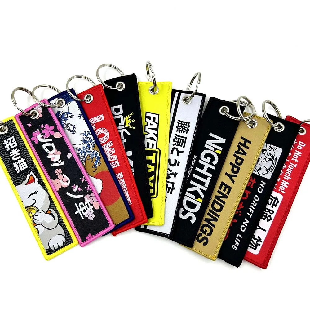 JDM Keychain Car Culture Style Fashion Tags Embroidered Short Cloth Rectangle Polyester Auto Holder Charm Key Ring Fake Taxi