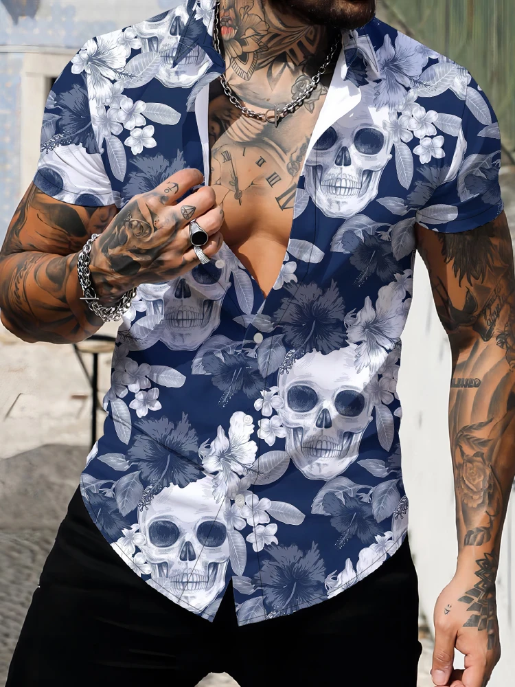 

Gothic Style Street Hip -hop Fashion Men's Shirt Summer Loose Casual Cool Short -sleeved Shirt Skull 3D Digital Printing Shirt