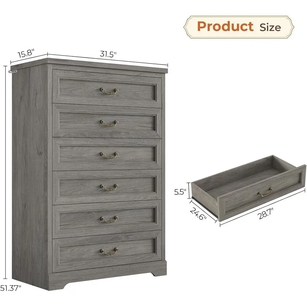 Komoda DAFIFY z 6 szufladami, wysoka szafka drewniana o wysokości 130 cm, rustykalny organizer do przechowywania z dużą szufladą i uchwytem w stylu vintage, szara, do sypialni