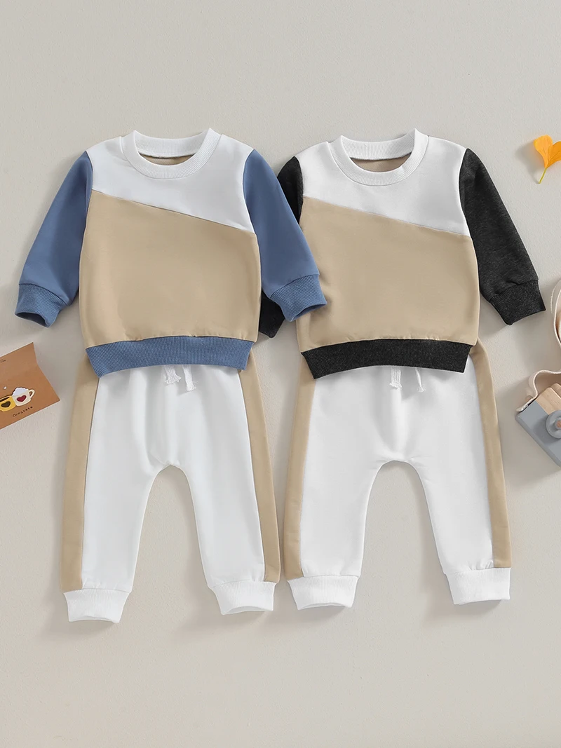 

2023-11-02 Lioraitiin Toddler Baby Boys Clothes Set Contrast Color Long Sleeve O-Neck Sweatshirt with Elastic Waist Sweatpants