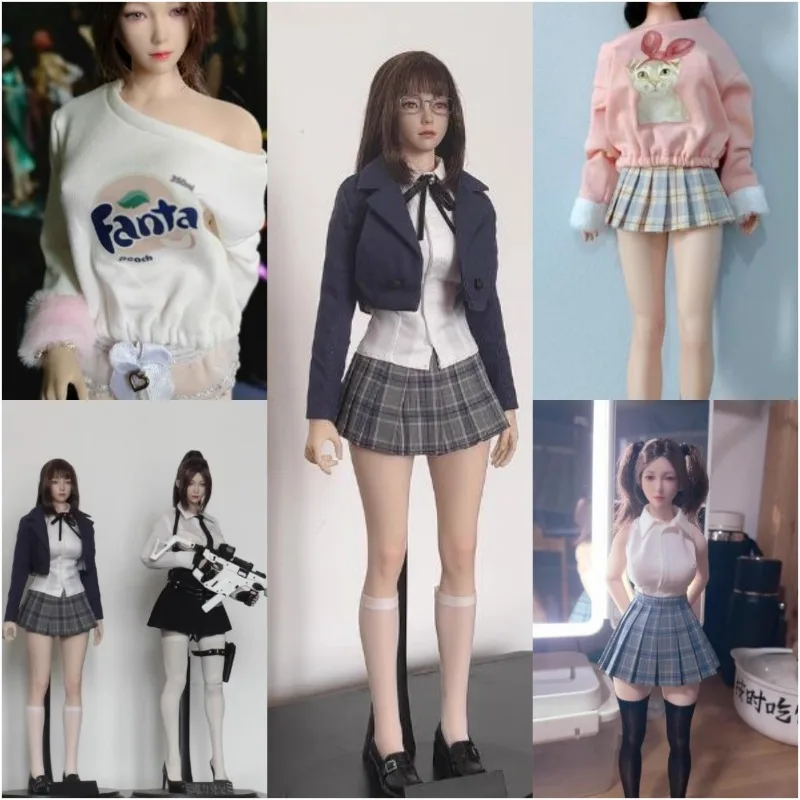 

1/6 Scale Female Printed Pullover Sport Sweater Plush Scarf Classic Pleated Short Skirt for 12'' Soldier Tbl Action Figures Body