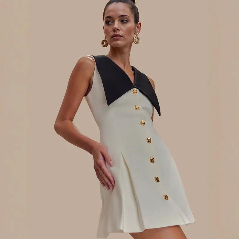 

Tornova Contrast Evening Party Dress For Women Single Breasted Sleeveless Dress High Quality Lapel A-line Pleated Elegant Dress