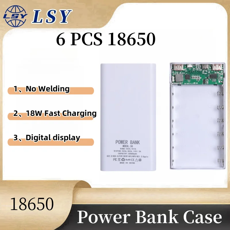 6 Cell No Battery 18650 Battery Power Bank Case Digital Display Kit No Welding Charging DIY Portable Recycling