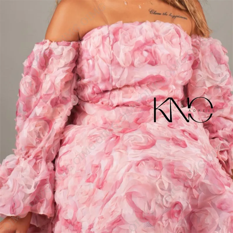 OIMG Luxury Pink Flowers Evening Dresses Saudi Arabic Long Sleeves A Line Party Formal Club Gowns Occasion Prom Dress 2023