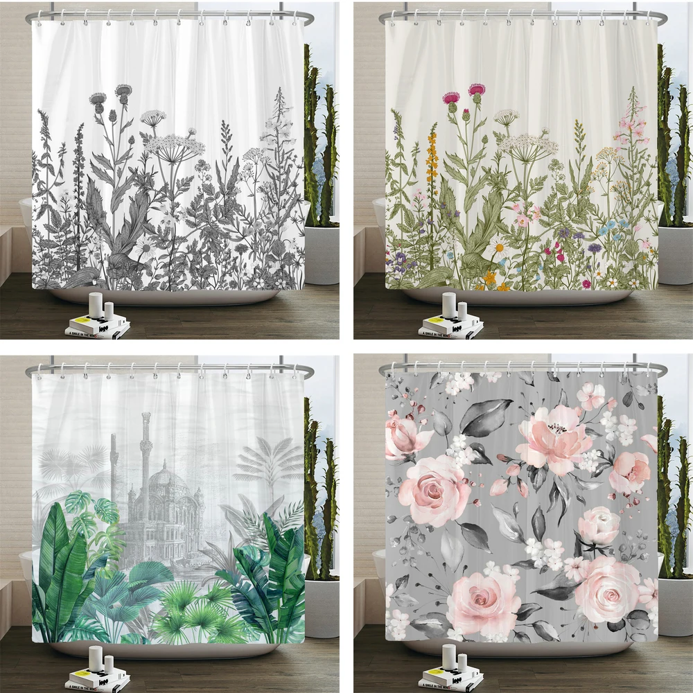 Nordic style Flower Leaf Plant Printed Fabric Shower Curtains Floral Bath Screen Waterproof Products Bathroom Decor with Hooks