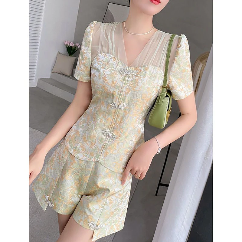 Sommer neue chinesische Stil Mesh Patchwork elegante Top weites Bein Shorts zweiteilig Set Frauen Temperament Pullover kurze Hosen Anzug