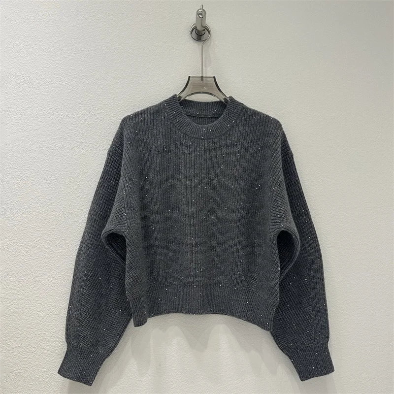 

Women's sweater New elastic knitted long sleeved top for autumn 2025 Wool blend round neck pullover sequin decoration Women top