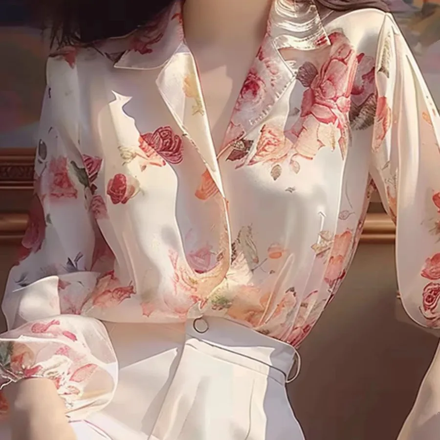 

Ele Pink Floral Print Sun Protection irt Chic Hong Kong Sle Loose Fit Long Sve Women's Faion Spring 2024