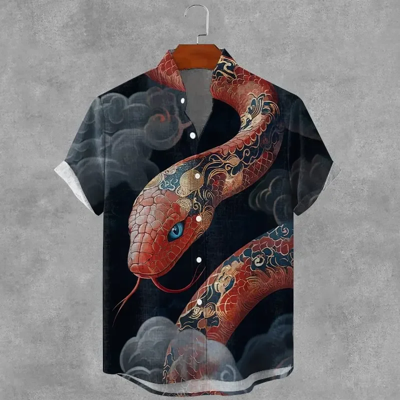 Men's new comfortable linen short sleeved shirt with 3D snake print pattern button up short sleeved top
