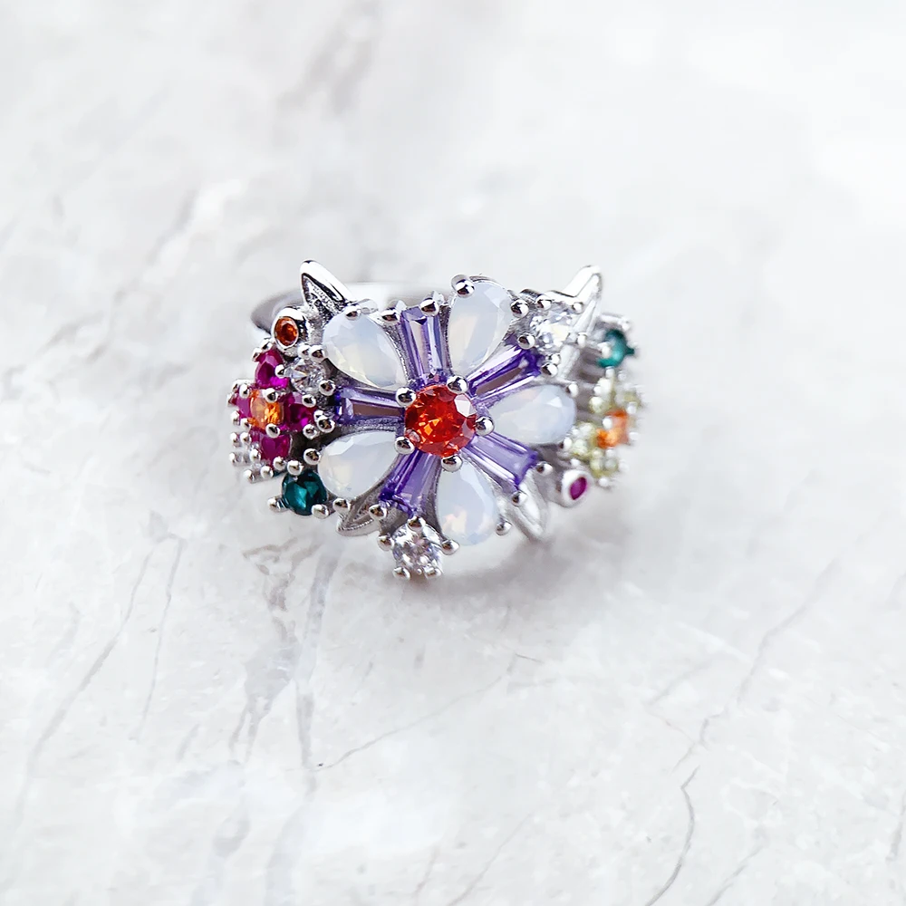 Women's Bohemian 925 Silver Flower Ring, Artistic