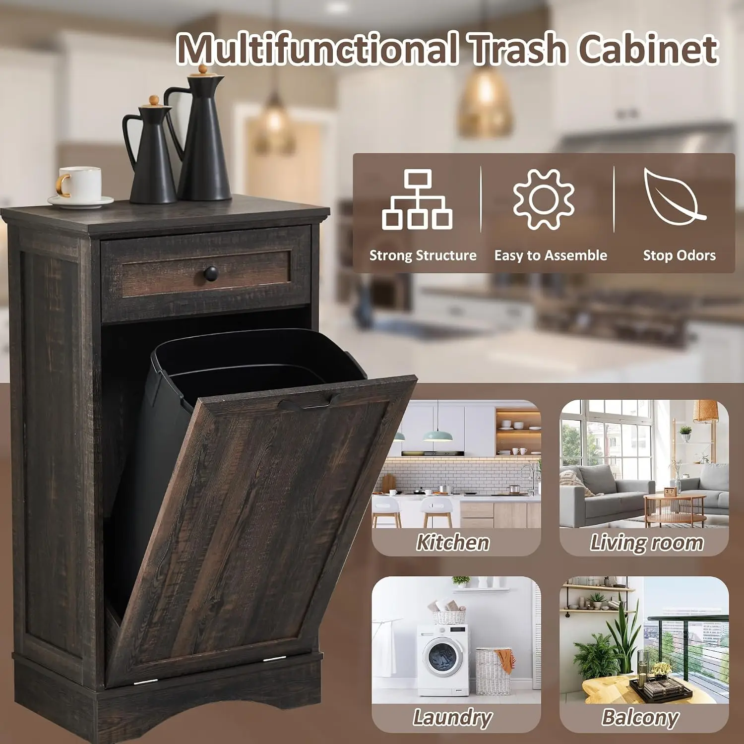 13 Gallon Tilt Out Trash Can Cabinet Freestanding Hidden Waste Bin Recycling Cabinet Pet Proof Kitchen Island with Storage Countertop for Dining Room Living Room Rustic Brown