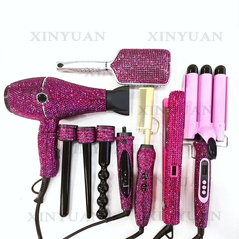Hair Styling Tools Set, Luxury Salon Kit with Bling Rhinestone Flat Iron, Hair Dryer and Interchangeable Curling Accessories