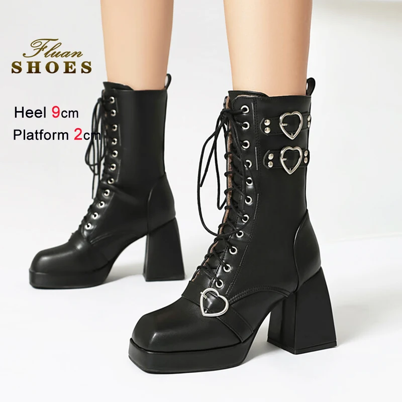 

Женские ботинки до середины икры на платформе в стиле панк, 9 см, на шнуровке, на массивном высоком каблуке с квадратной головкой, черные мотоциклетные ботинки, зимняя женская обувь
