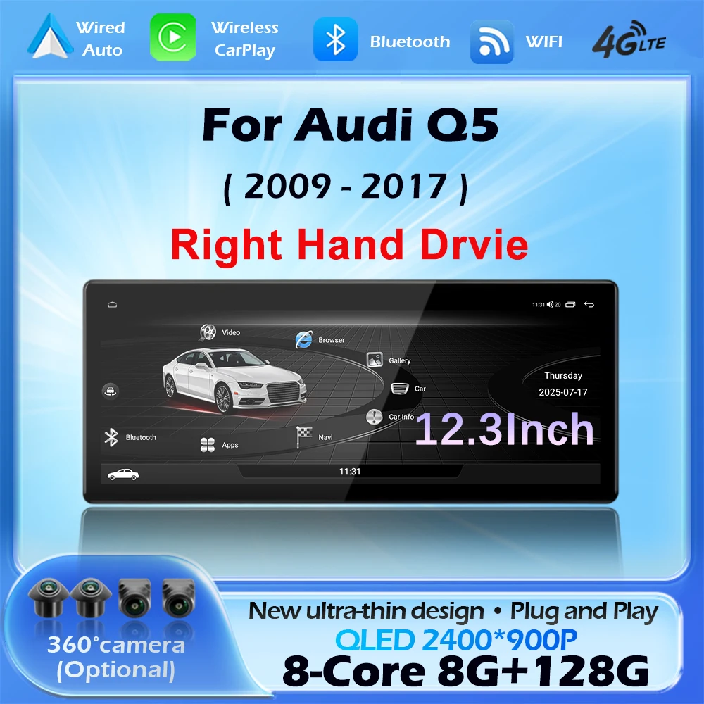 Right Hand Drive For Audi Q5 2009 - 2017 Car Radio Multimedia Wireless CarPlay Android 16 Navigation GPS 10.33'12.3'QLED Screen