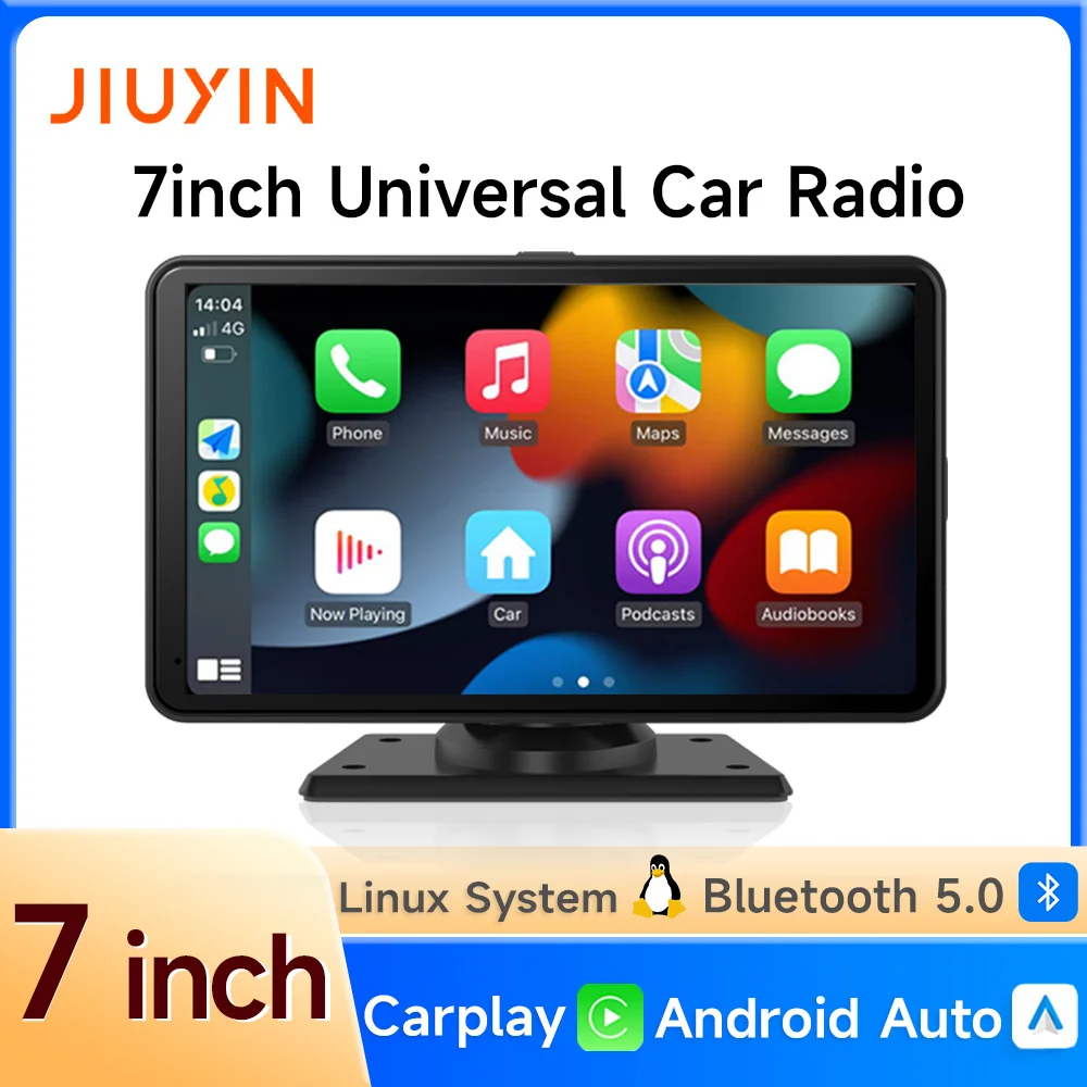 

JIUYIN 7-дюймовый универсальный автомобильный радиоплеер, беспроводной CarPlay Android Auto, мультимедийное видео, GPS-навигация, сенсорный экран, Bluetooth