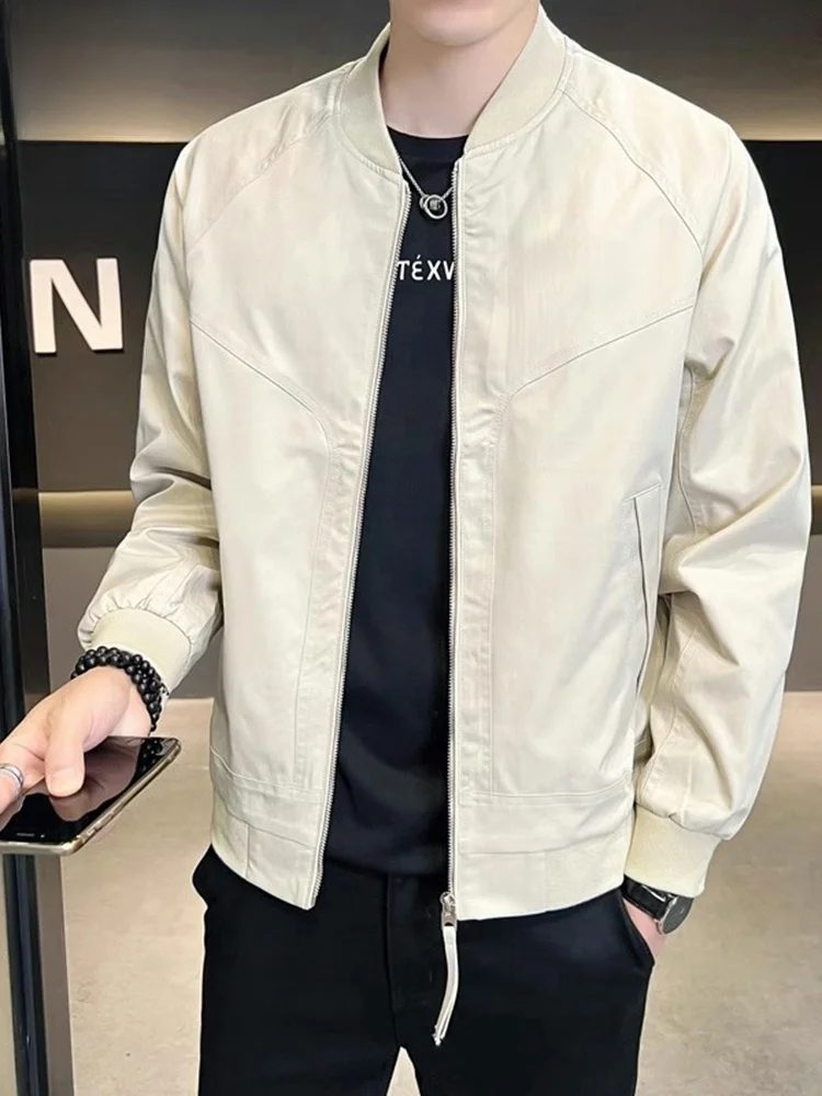 

Men's Casual Baseball Collar Jaet Loose Fit Khaki Color Autumn Outerwear Youth Sle Zipper Decoration Windproof