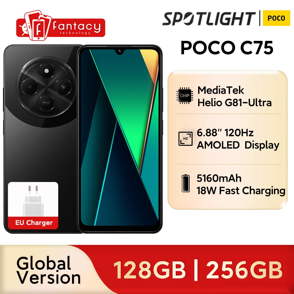 2024 Nieuwe Wereldpremière POCO C75 Global Version 6.88 '' 120 Hz Display NFC Helio G81-Ultra 50MP Camera Massive 5160 mAh Batterij