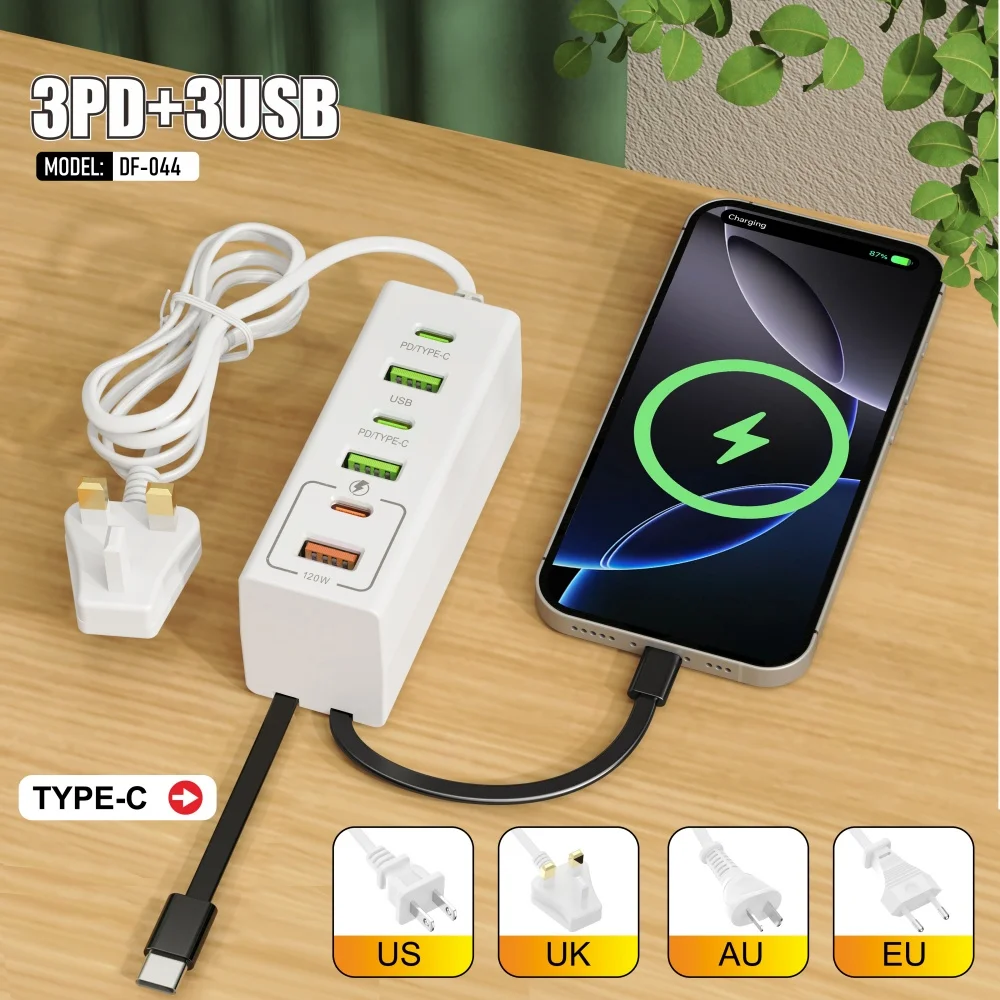 Total 120W USB Power Strip Type C Mobile Phone Charger Fast Charging Electrical Socket Power Strip EU US UK Plug Wall Adapters