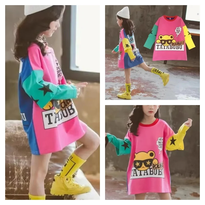 

Горячий кавайный модный пуловер для девочек, студенческий весенне-осенний повседневный спортивный костюм с круглым вырезом и рисунком, пальто, топы, платье, детская одежда