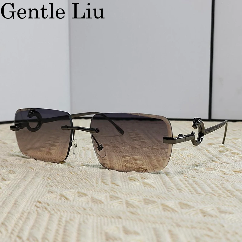 

Small Rectangle Rimless Sunglasses Men 2024 Luxury Brand Designer Leopard Head Frameless Sun Glasses For Women Vintage Eyewear