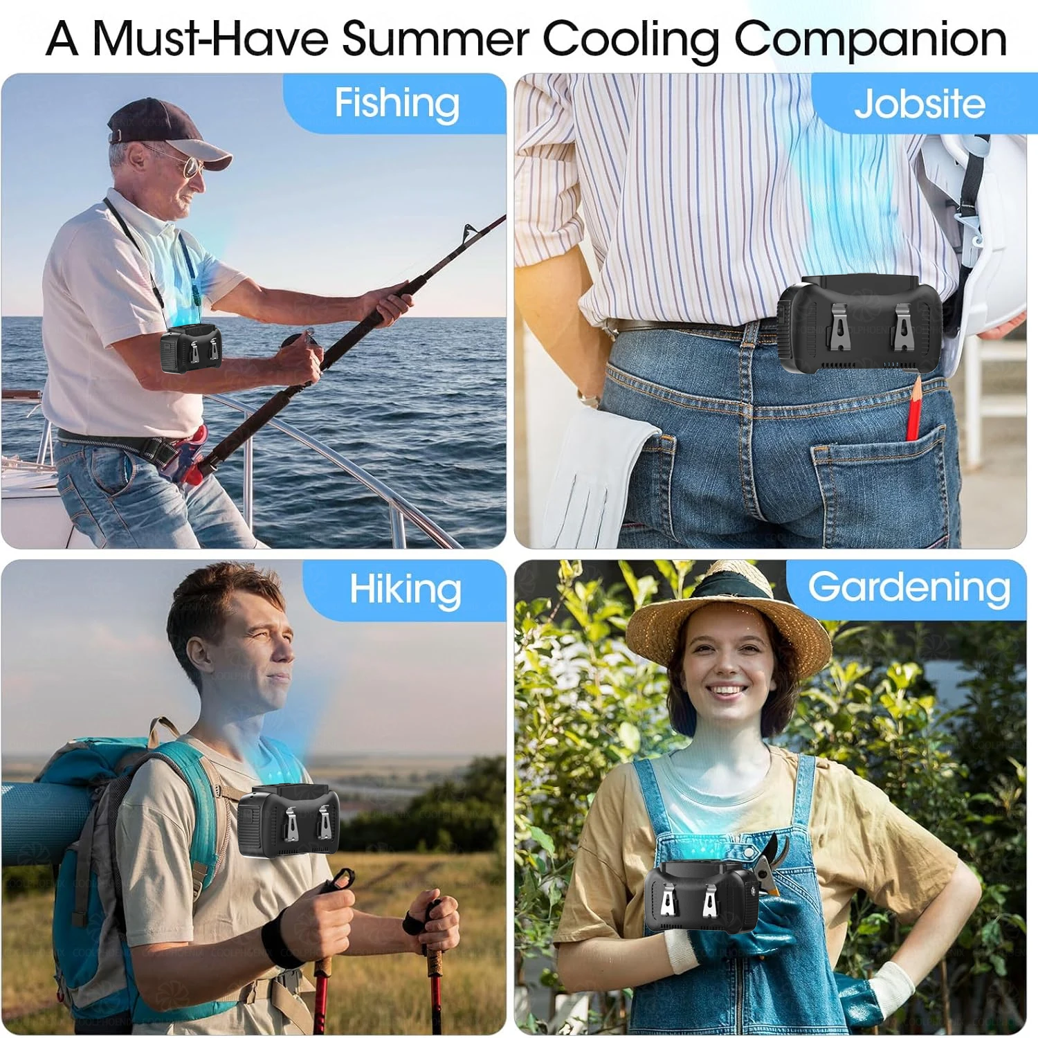 مروحة خصر محمولة خارجية بقدرة 15000 مللي أمبير في الساعة، مروحة رقبة معلقة، رياح قوية مع بنك طاقة، إضاءة LED للعمل في الهواء الطلق