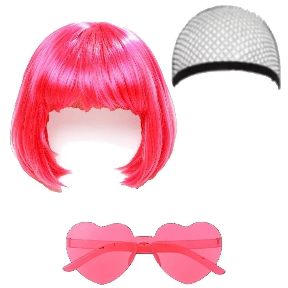 3Pcs Colorful Short Bob Hair Wig Christmas Party Role-playing Short Hair Wig with Hairnet and Glasses Halloween Cosplay Wig Set 2
