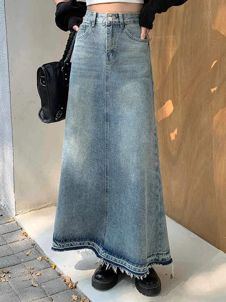 SHENGPALAE Women Denim Skirt 2025 Spring New Fashion Elegant High Waist Color Block Spliced Tassel Female A Line Skirts 5G638