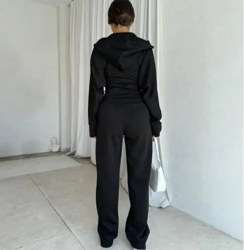 

2025 Solid Color Waist Cinched Hooded Sweatshirt Jacket and High Waisted Straight Leg Pants Set for Autumn Women's Sports Suit