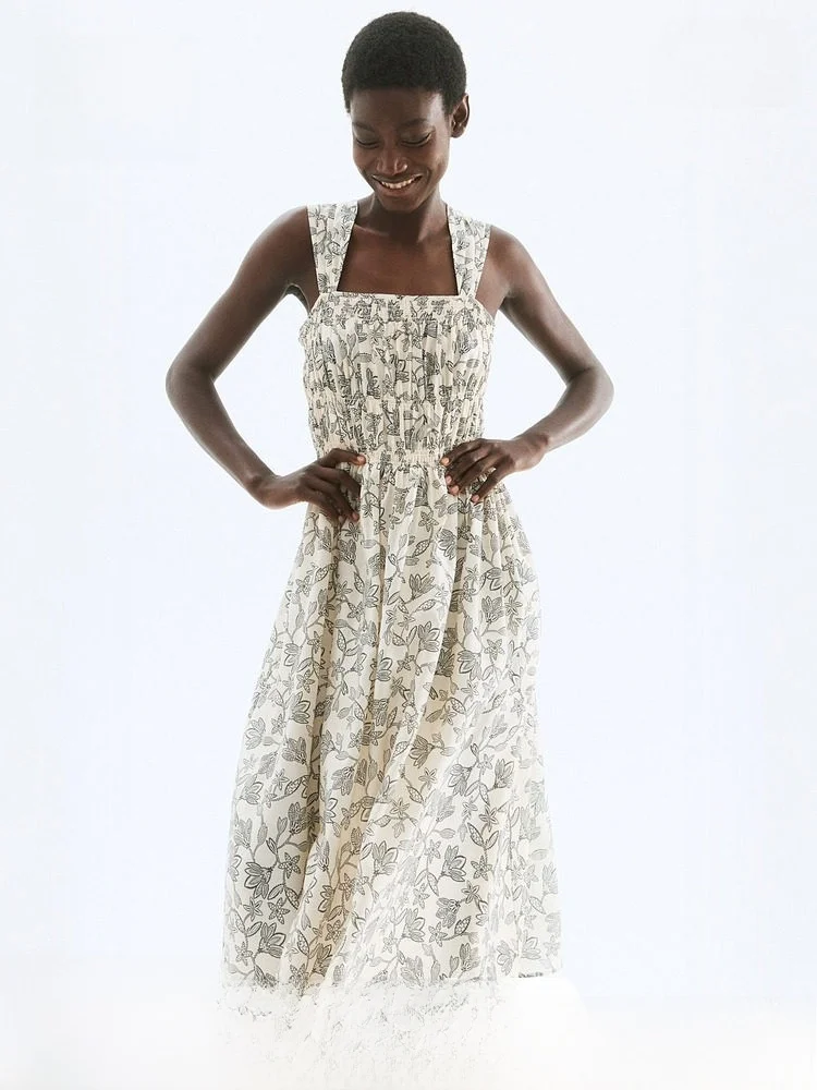 H&M Floral Print One-Piece Dr Spring Summer Casual Sle Svel Midi Dr Vaion Vibes Gauze Material Square Collar