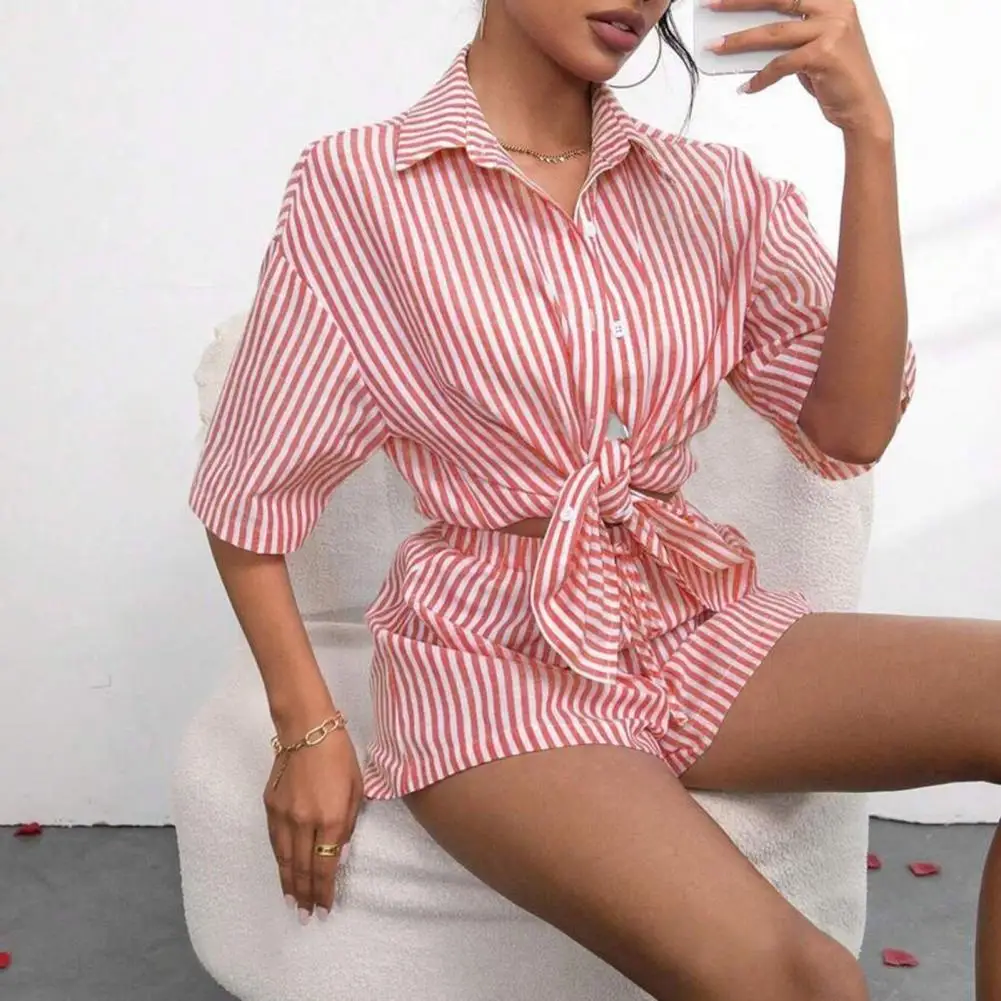 Versatile Two Piece Outfit Women's Summer Two Piece Set with Striped Button Down Shirt Drawstring Shorts for Holiday Lounge