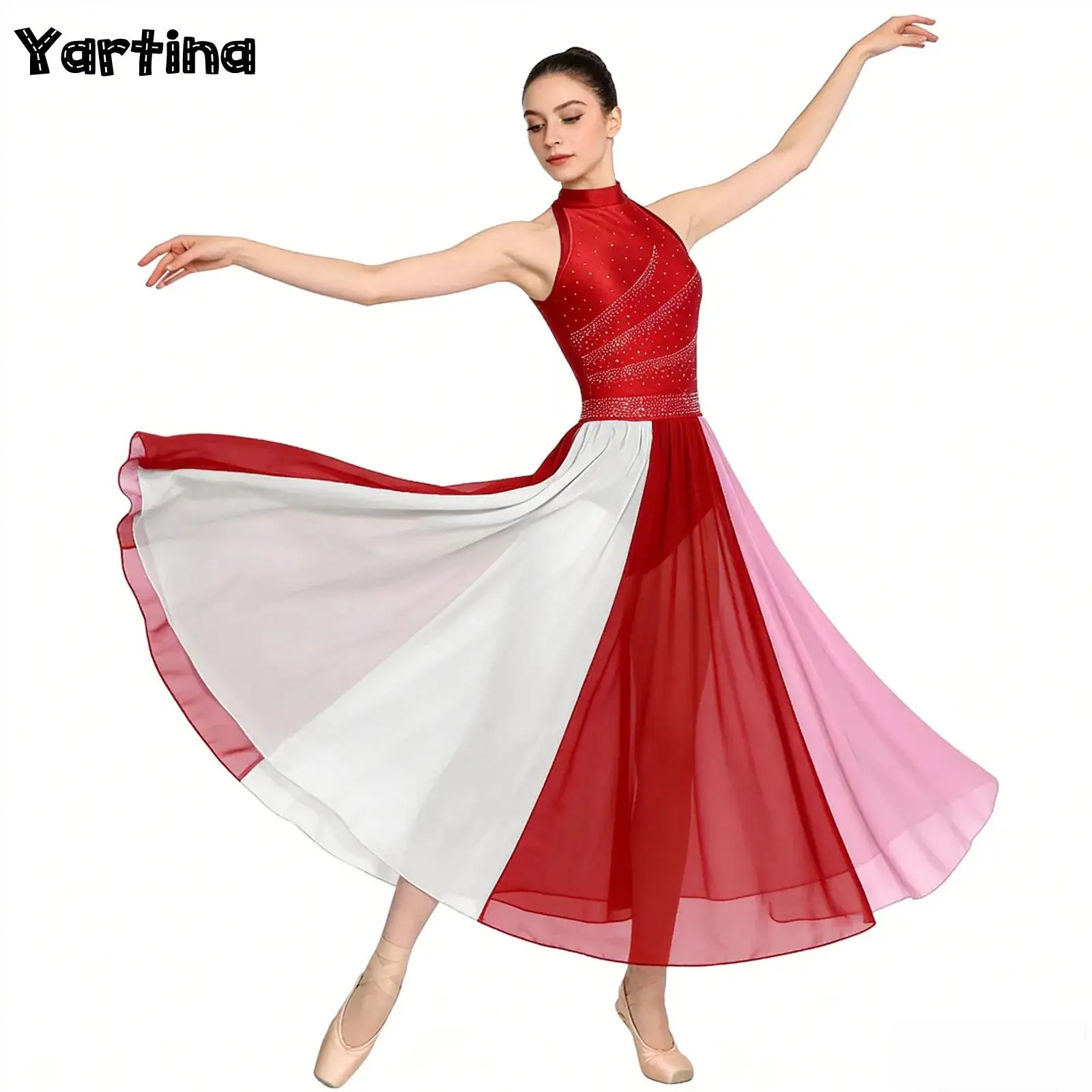 

Womens Figure Skating Lyrical Dance Bodysuit Dress Rhinestone Mesh Slit Hem Leotard Dress Modern Contemporary Dance Costume