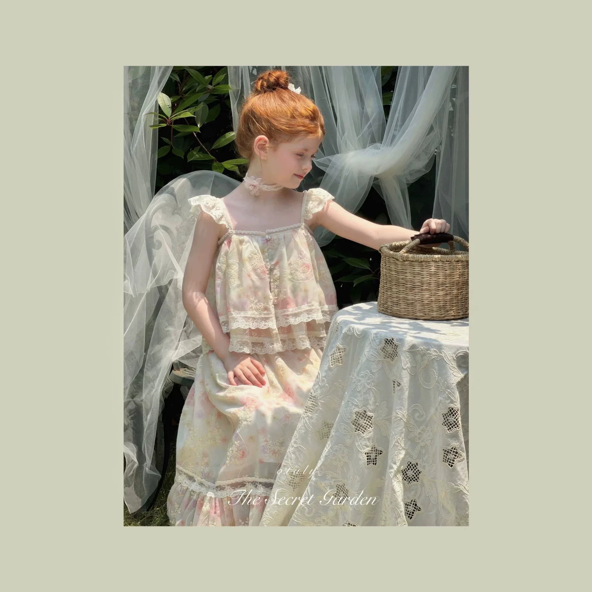 2026 summer Korean style countryside style girl two-piece floral camisole dress with lace and lace stylish princess dress