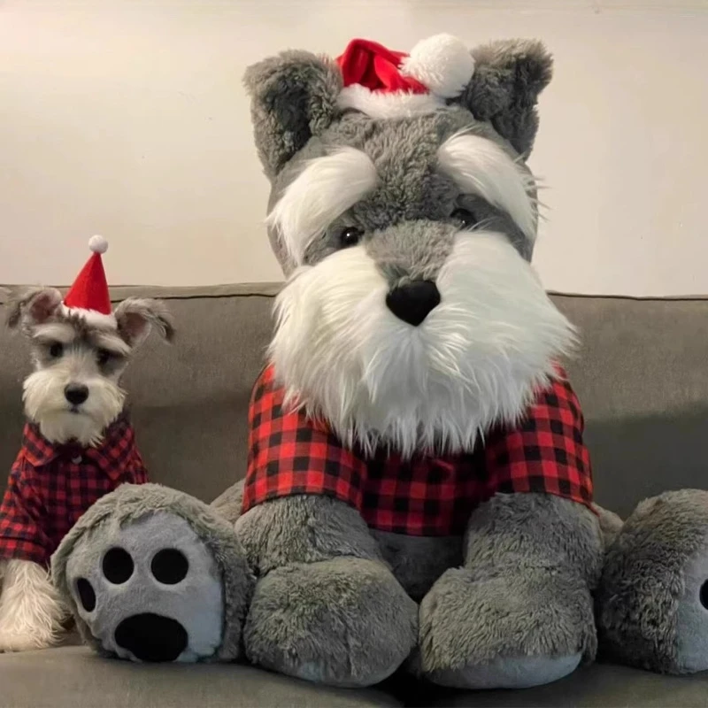 Lifelike Schnauzer Plush Toy with Santa Hat Plaid Shirt Soft Stuffed Animal Doll Large Plush Toy Christmas Gift for Kids Adults