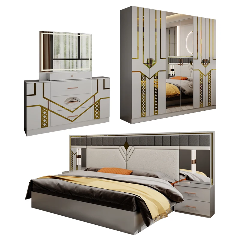 Schlafzimmer-Möbelset Modernes Doppelbett Holzrahmen Deluxe Kingsize-Bett Komplettes Schlafzimmer-Set