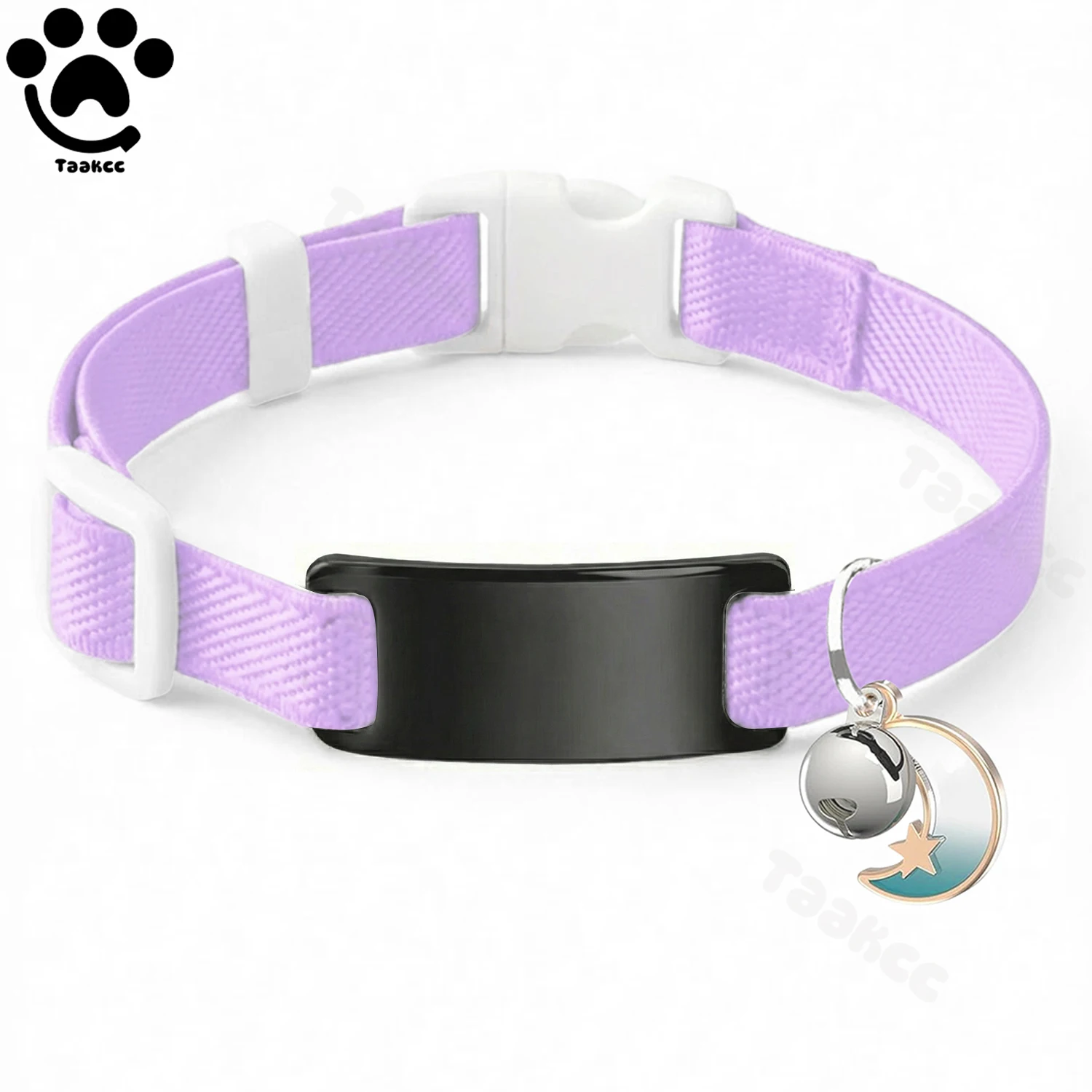 Op maat gemaakte elastische kattenhalsband met gratis gegraveerde puppy/kitten anti-verloren ID-naamplaatje, belletje & maan ornament