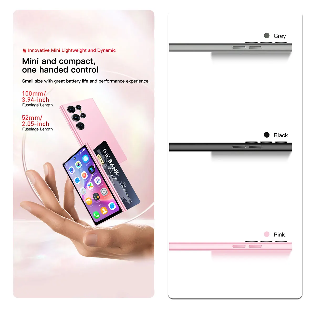 ONEMYTH S26 Pro ultra compacto: mini telefone Android 12 de 4 polegadas, SIM duplo 4G, memória de 3 GB + 64 GB, smartphone de backup externo