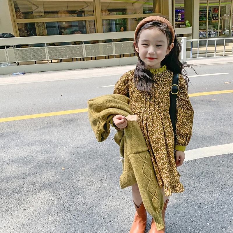 Knitted Cardigan Dress Set Floral Print Princess Dress Long Sleeves Grils Children Sweet Spring Autumn Fashionable Casual